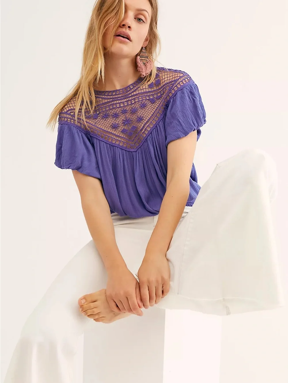 FREE PEOPLE Sz M GEMINI SEASON BLOUSE EMBROIDERED TOP In Purple